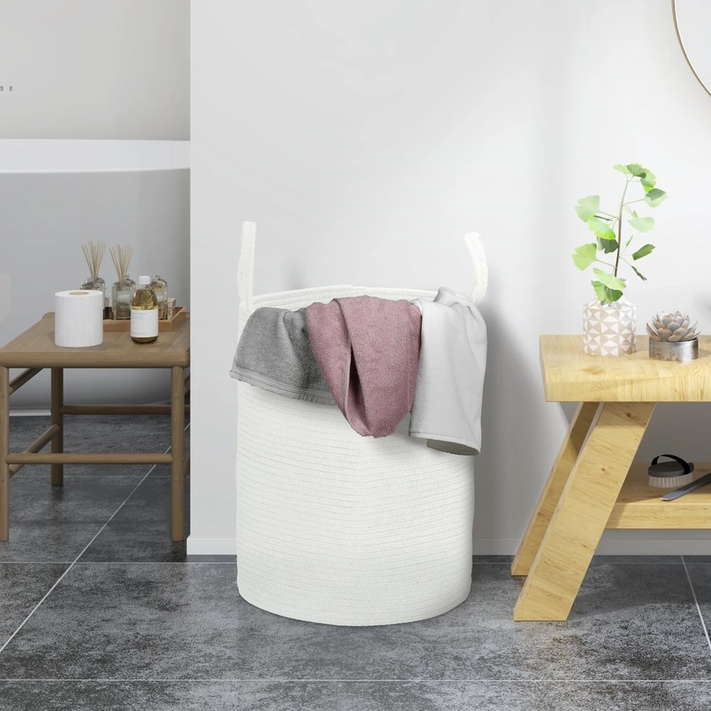 Cesto de roupa suja de 36 L, cesto de roupa suja em algodão com alças dobráveis, 38 x 45 cm, branco creme