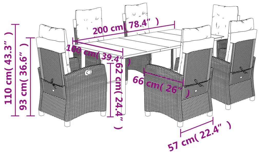 7 pcs conj. jantar jardim c/ almofadões vime PE bege misturado
