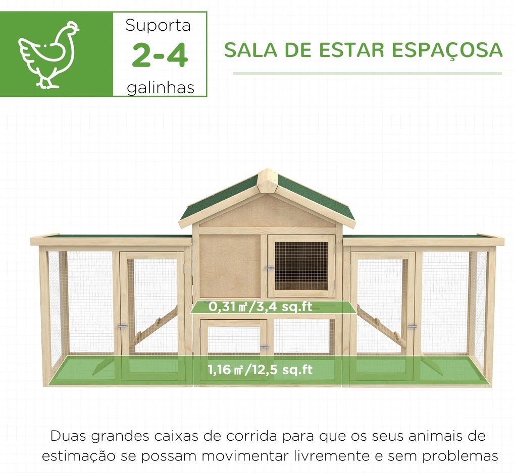 Galinheiro de Madeira 204x85x93 cm Jaula para 2-4 Galinhas com Ninho Bandeja Extraível Telhado de Asfalto e Rampa Natural