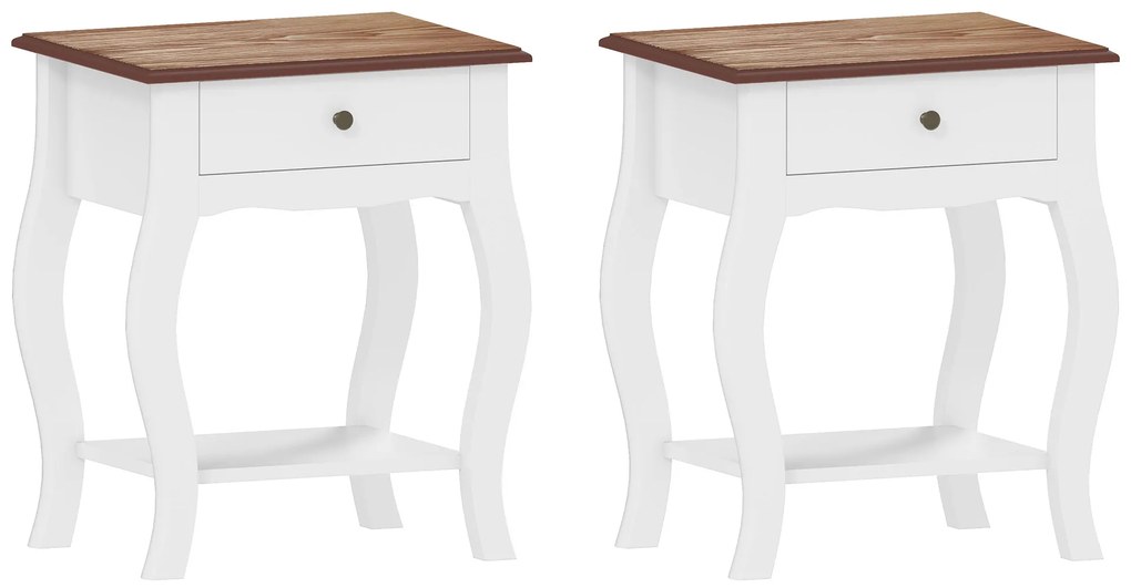 Conjunto de 2 Mesas de Cabeceira com Gaveta Estante Aberto e Bancada Efeito Carvalho Estilo Francês 45x35x55 cm Branco e Carvalho