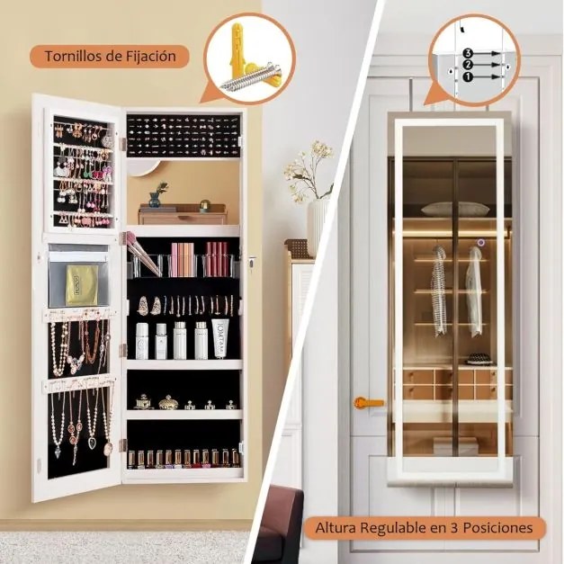 Armário para joias com iluminação LED e espelho de corpo inteiro Organizador de joias com fechadura 40 × 12,5 × 120 cm Branco