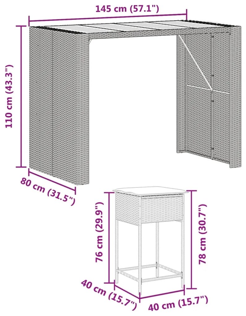 7 pcs conjunto de bar p/ jardim c/ almofadões vime PE cinzento