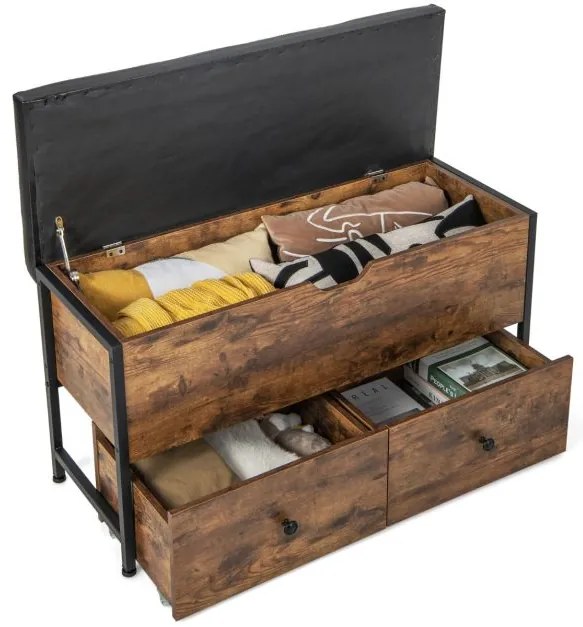 Banco de arrumação com tampa articulada e 2 gavetas para hall de entrada 101 x 41 x 58 cm castanho vintage