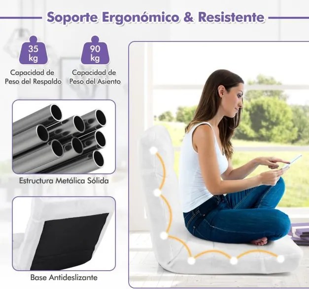 Cadeira chão dobrável Encosto ajustável 14 posições para quarto Sala 105 x 56 x 15 cm Branco