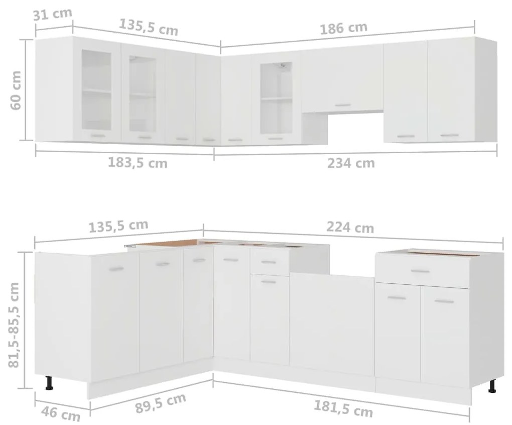 11 pcs conjunto armários de cozinha contraplacado branco