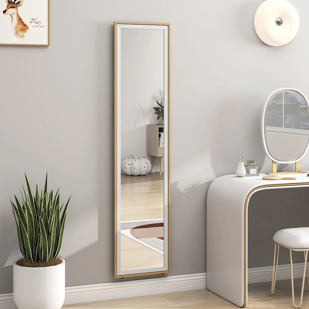 Espelho de Pé 157x37 cm com Moldura em MDF Espelho de Parede Retangular  com 2 Formas de Utilização Madeira e Prata