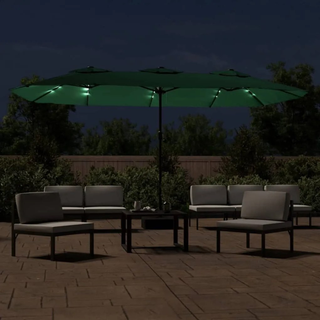 Guarda-sol de jardim c/ cabeça dupla/luzes LED 449x245 cm verde