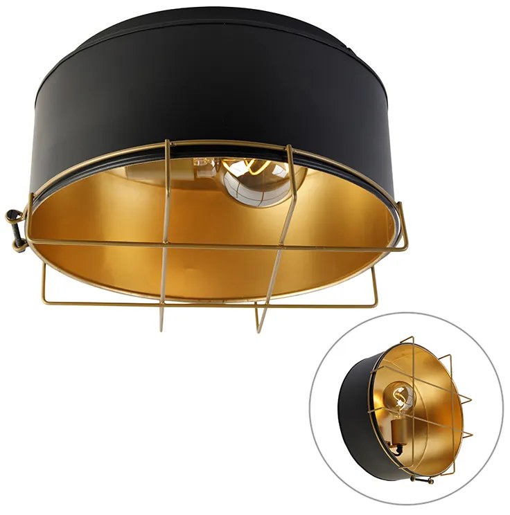 Luminária de teto industrial preto com dourado 35 cm - Barril