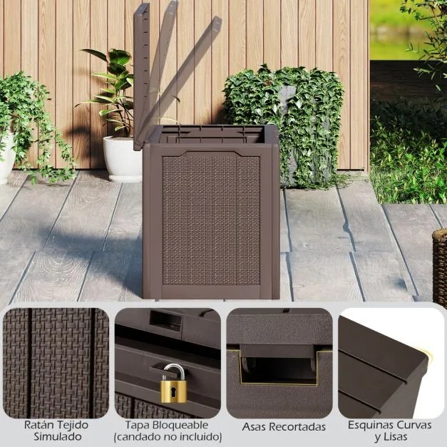 Caixa de armazenamento exterior de 96 L com tampa com fechadura e textura de rattan tecido 56 x 41 x 50,5 cm castanho