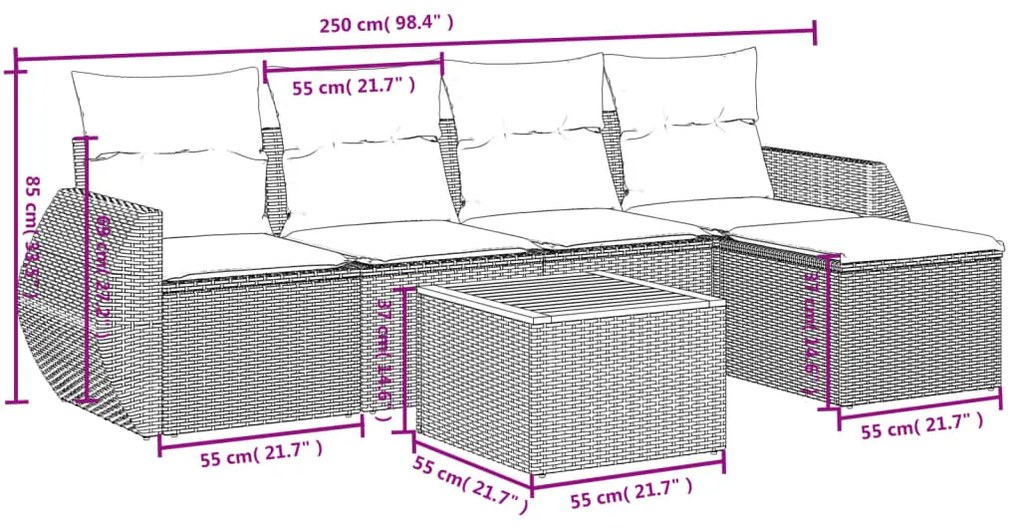 6 pcs conjunto de sofás p/ jardim com almofadões vime PE bege