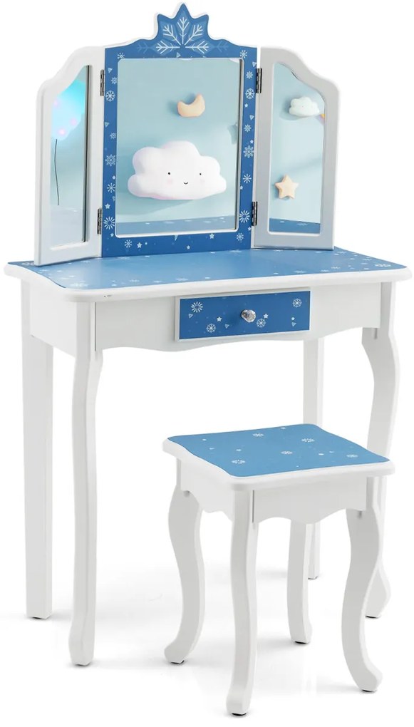 Conjunto toucador infantil com banco, mesa de maquiagem com espelho triplo e gaveta Azul