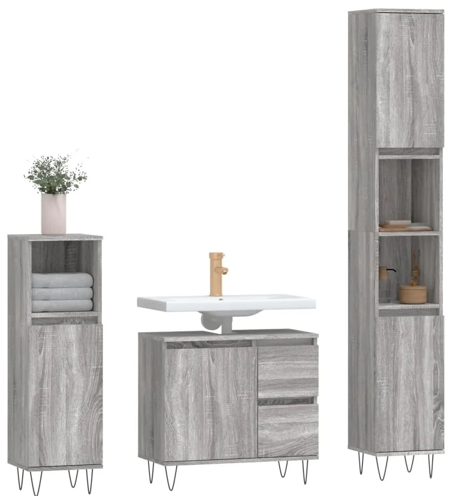 3 pcs Conjunto móveis casa de banho madeira proc. cinza sonoma