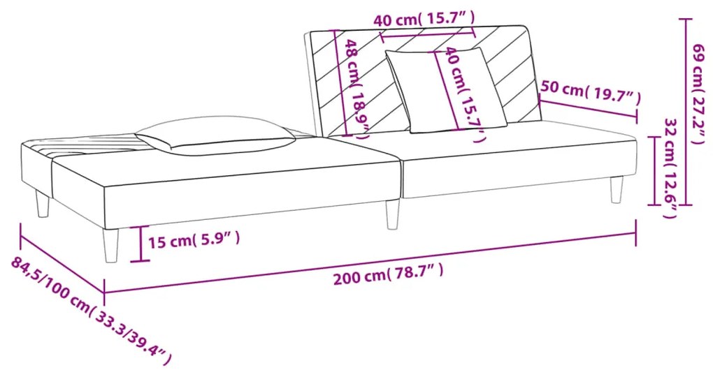 Sofá-cama 2 lugares com duas almofadas veludo cinzento-claro