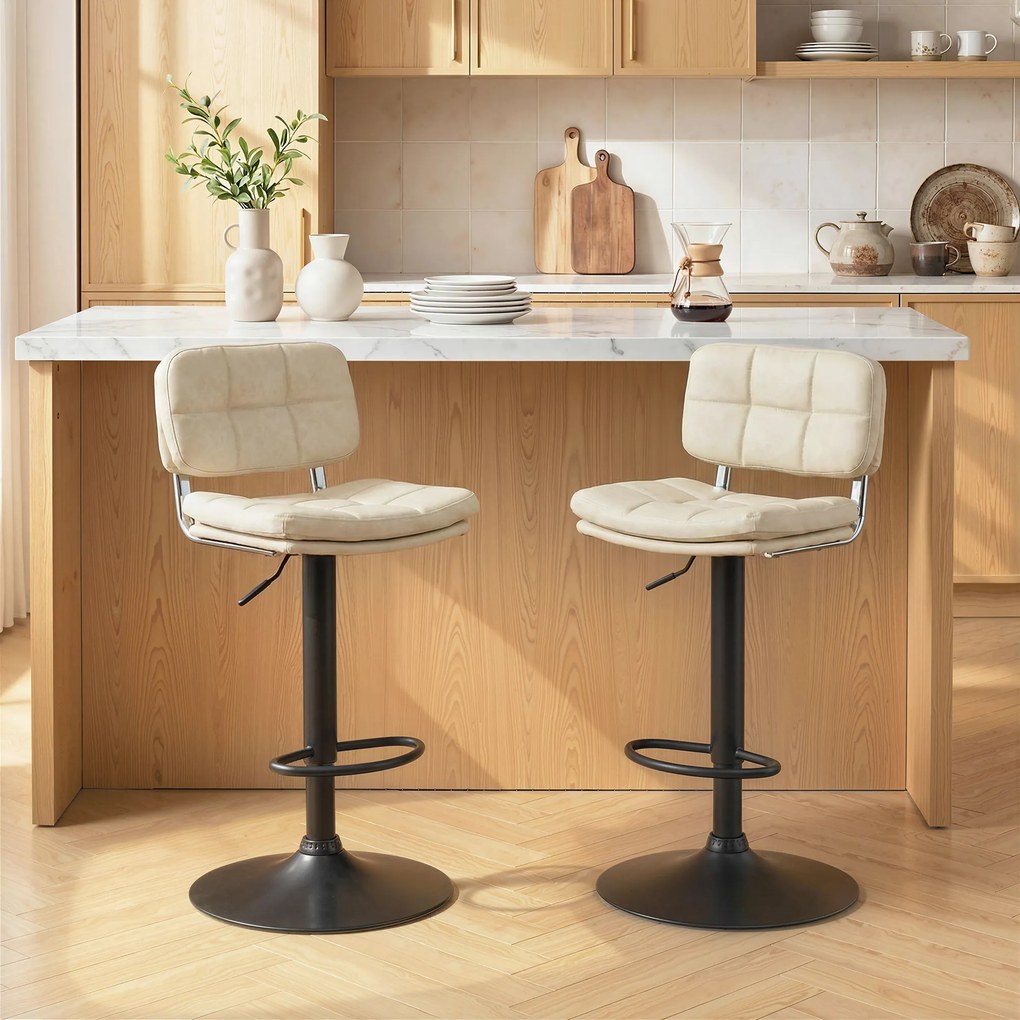 Conjunto de 2 bancos de bar vintage estofados — giratórios, ajustáveis — com apoio para os pés — revestimento sintético em tom creme