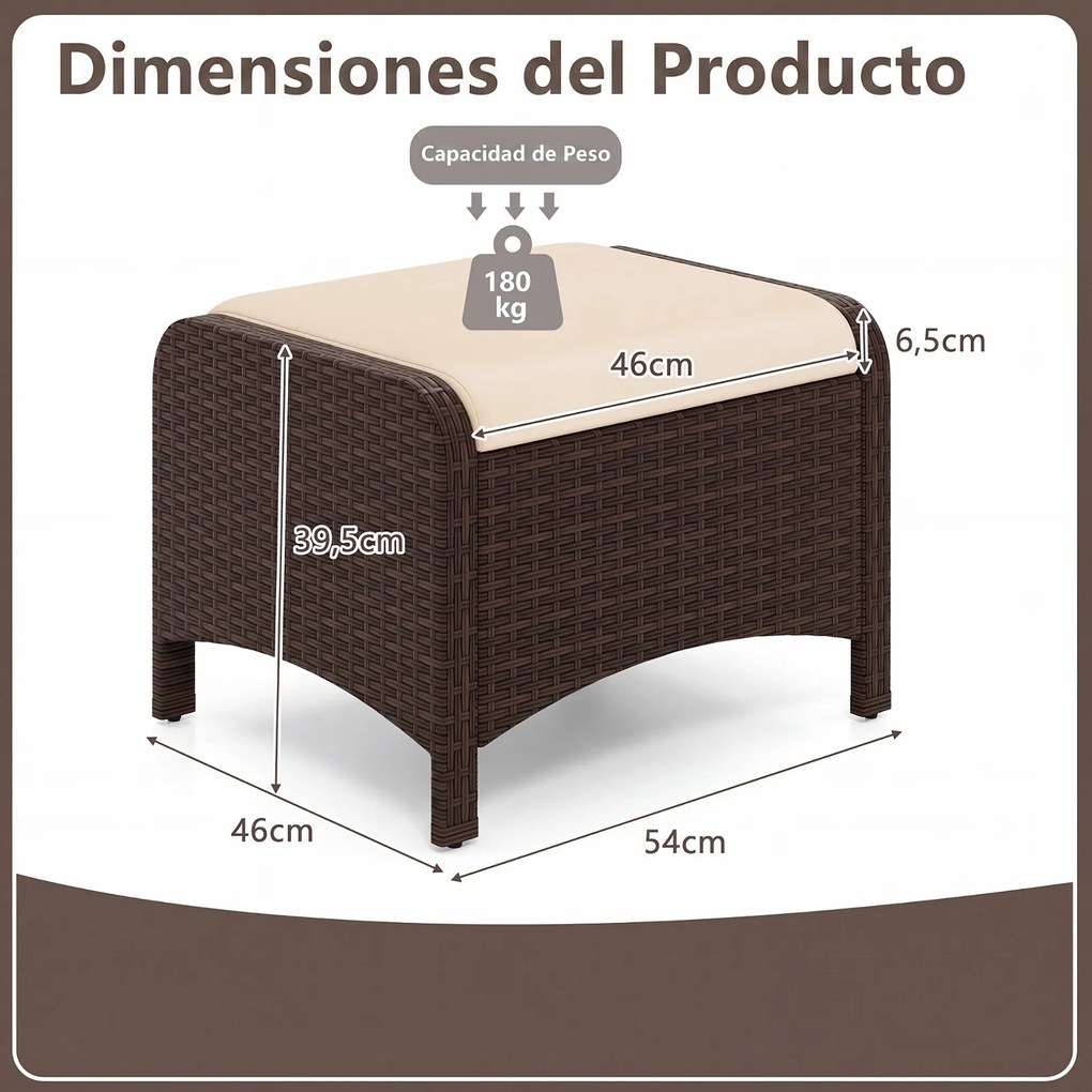 Conjunto de 2 Otomanas Retangulares para Repousa-pés, 54 x 46 x 39,5 cm, Almofadas Removíveis, Bege e Castanho
