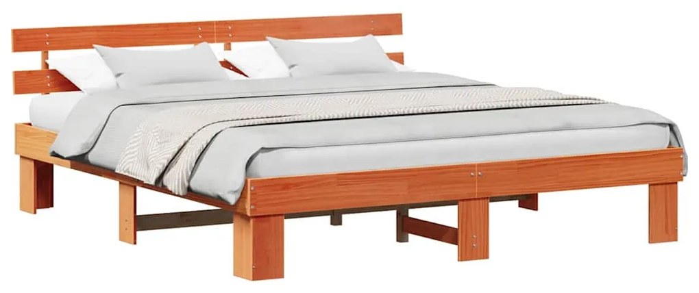 Estrado de Cama com Cabeceira Castanho 200x200 cm Madeira Sólida de Pi