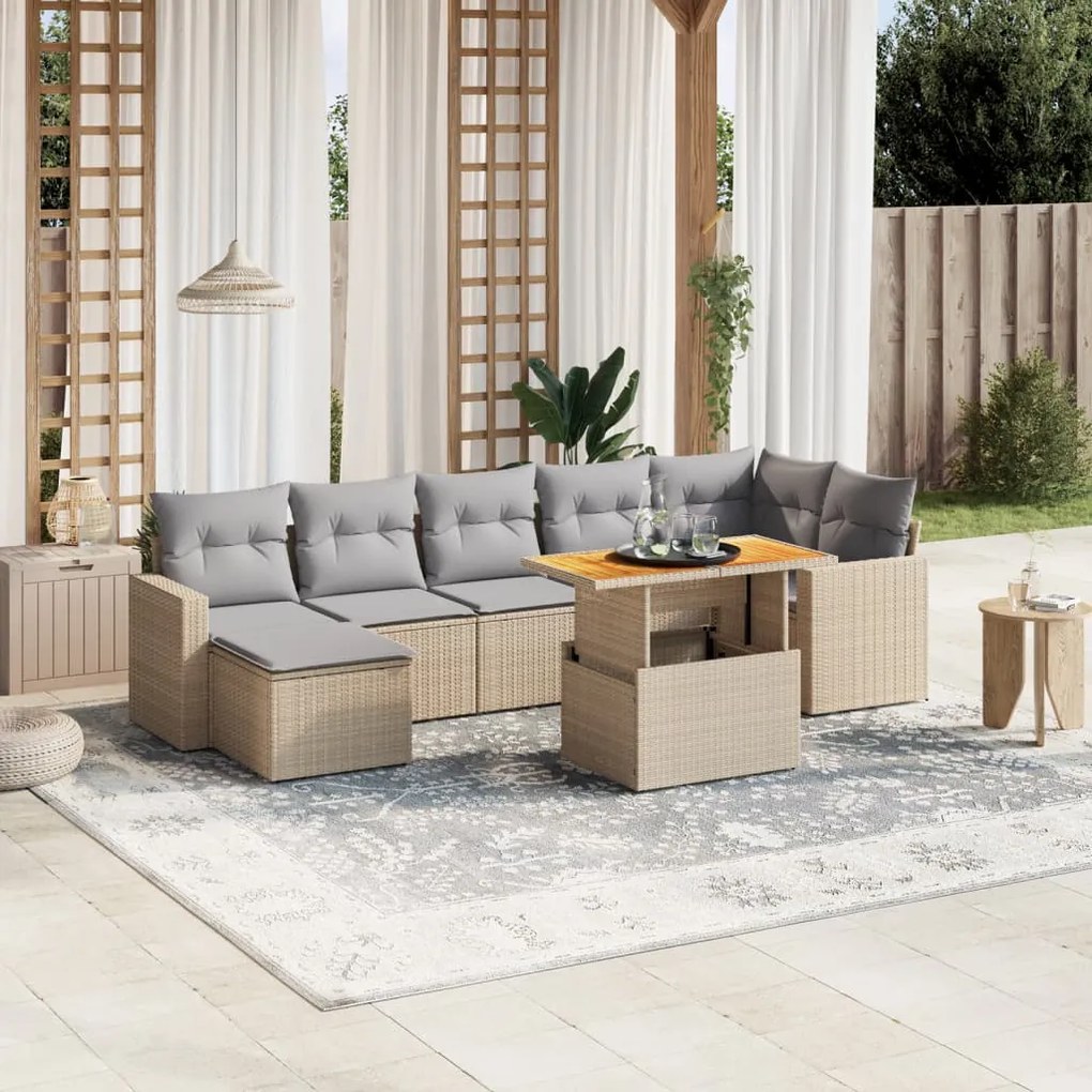8 pcs conj. sofás jardim c/ almofadões vime PE bege misturado