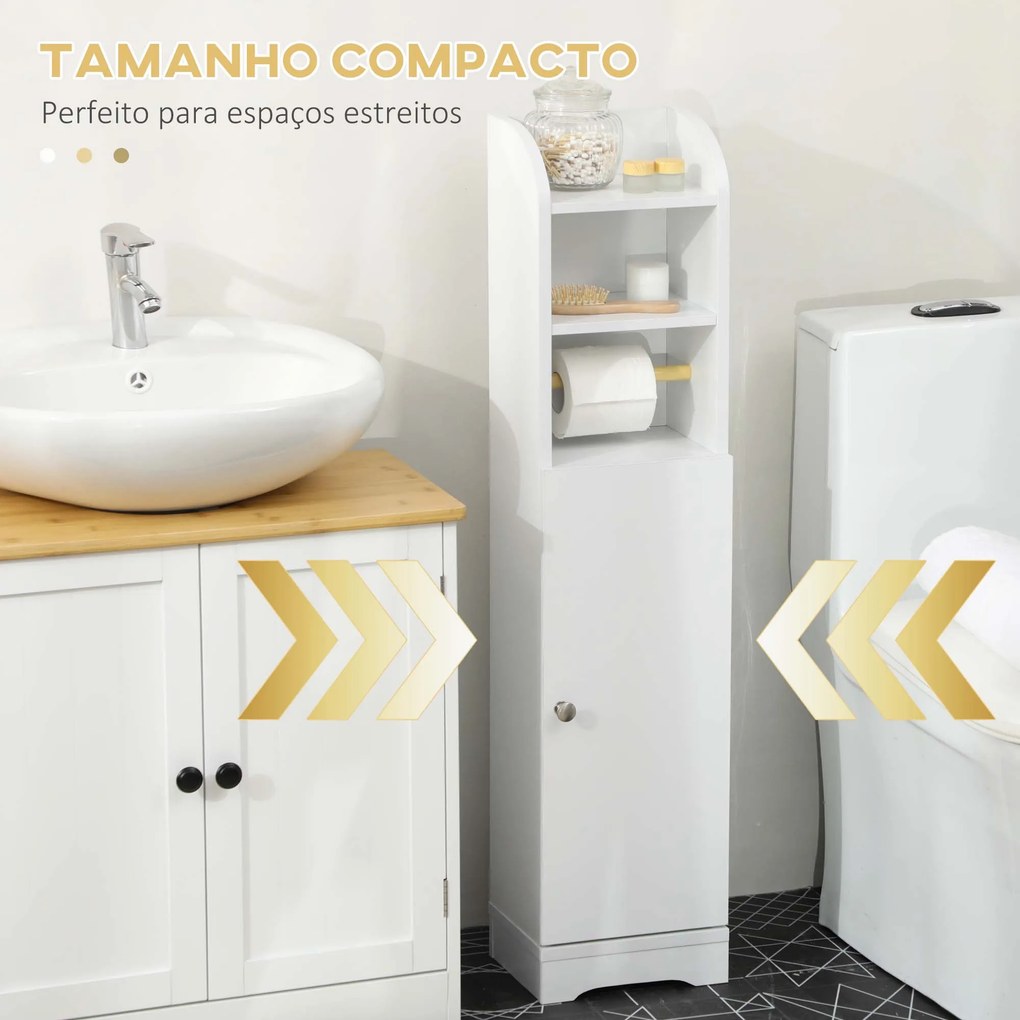 Armário Casa de Banho Armário Auxiliar com Prateleira Ajustável e Suporte para Papel Higiênico 23x18x100 cm Branco