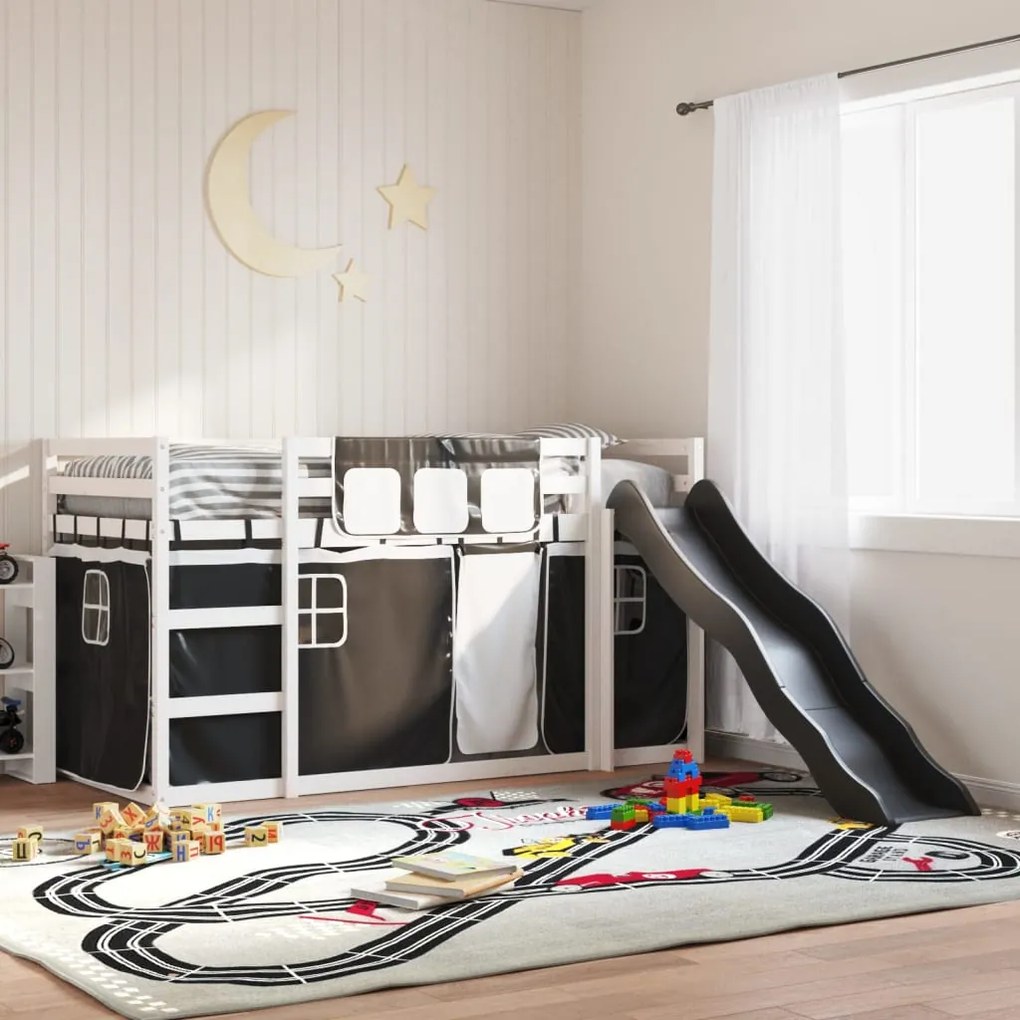 vidaXL Beliche com escorrega e cortinas 90x190 cm branco e preto