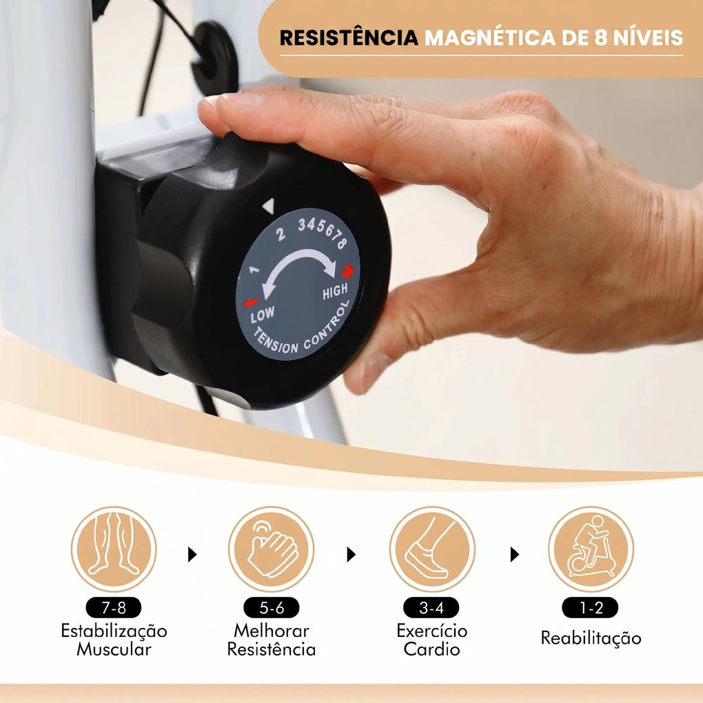 Bicicleta Estática Dobrável Silenciosa com 8 Níveis de Resistência, Monitor LCD, Assento Ajustável e Rodas, Branca