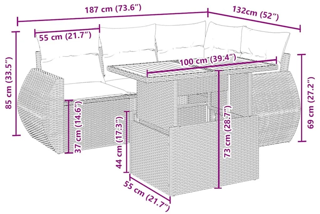 5 pcs conjunto de sofás p/ jardim com almofadões vime PE bege