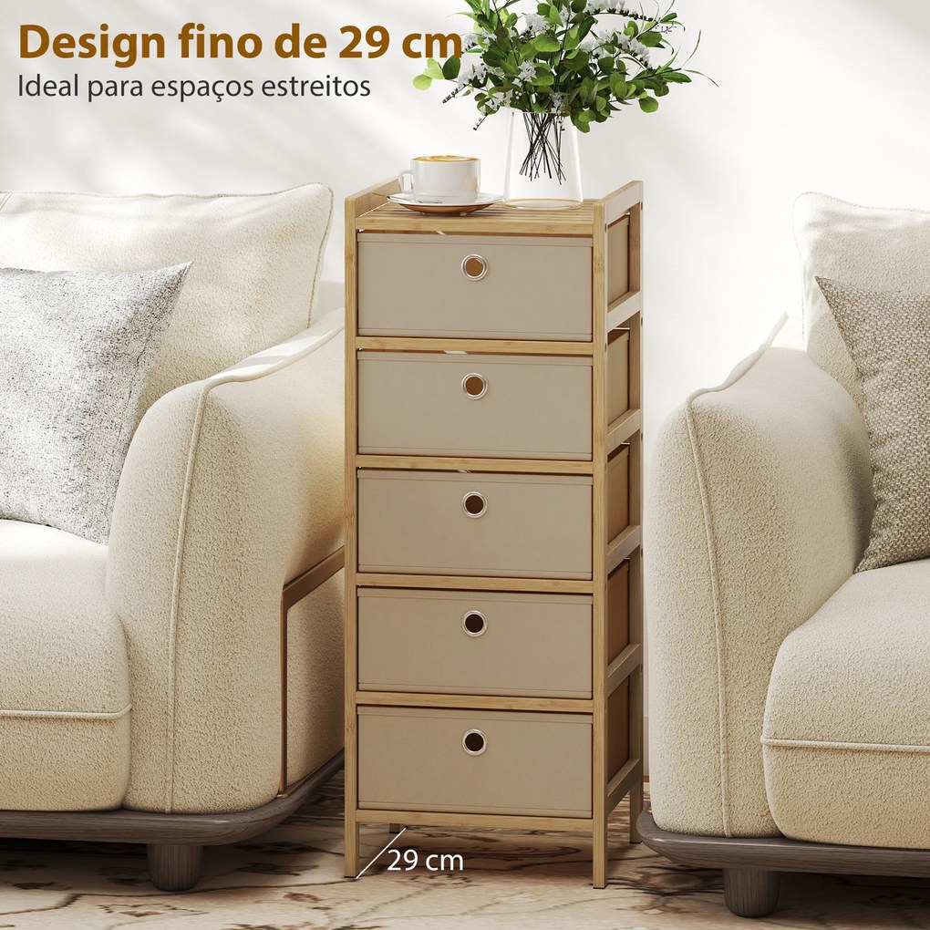 Cómoda com 5 Gavetas em Tecido, Estrutura de Bambu, Ideal para Espaços Pequenos, Creme e Madeira