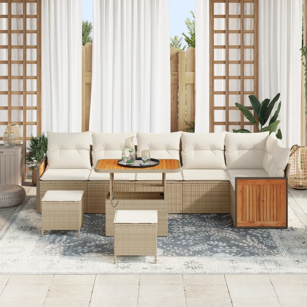 Conjunto de Sofá para Jardim vidaXL de 9 Peças com Almofadas Bege Vime Poli Rattan Acácia