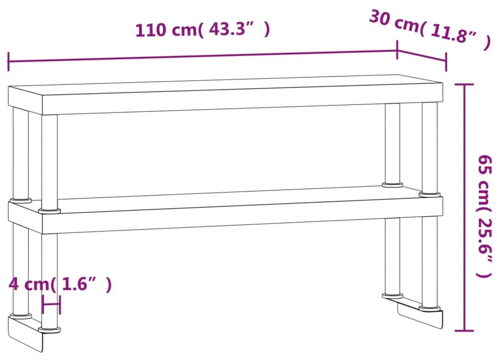 Unidade 2 prateleiras p/ mesa trabalho 110x30x65 cm aço inox.