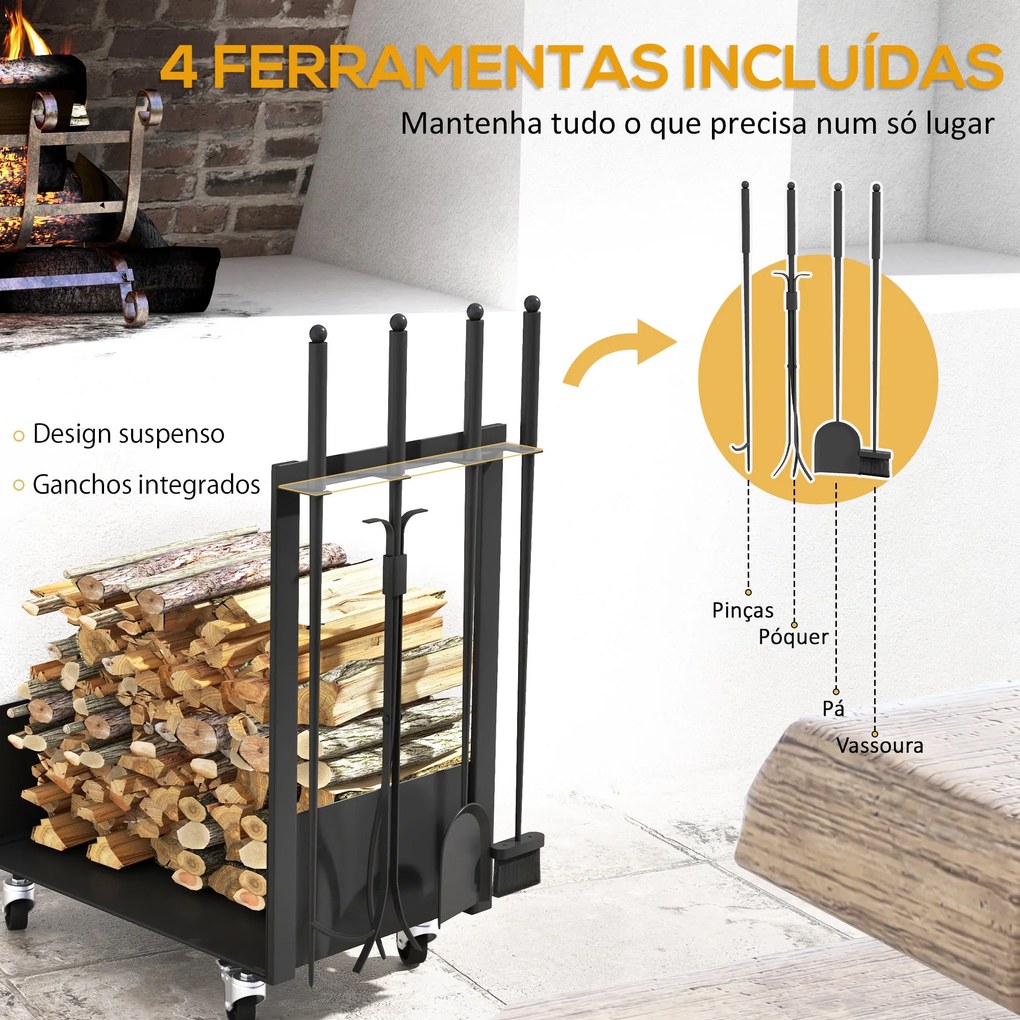 Suporte para Lenha com Rodas em Metal – 48x30x76 cm | Com Ferramentas