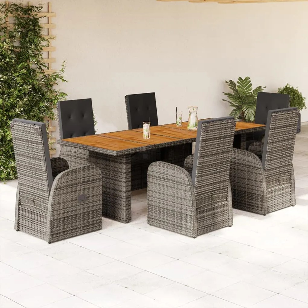 vidaXL 7 pcs conjunto de jantar p/ jardim c/ almofadões vime PE cinza