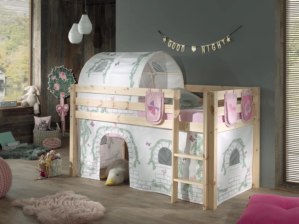 Conjunto Cama alta de Criança PINO 90 x 200 cm + estrado + escada + cortina + 3 bolsas + túnel Passaros Natural