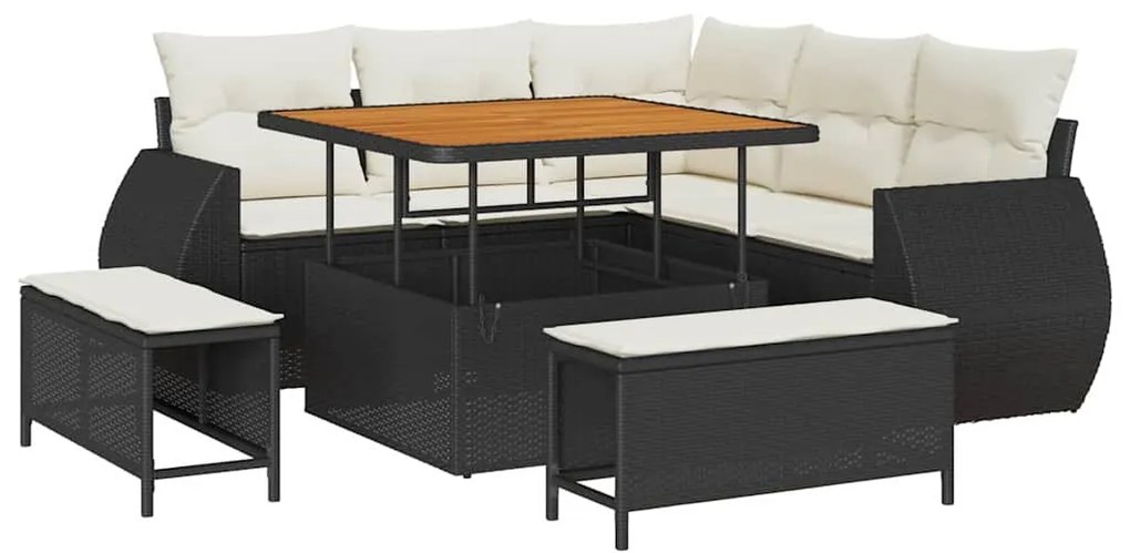 Conjunto de Sofá Jardim de 8 Peças com Almofadas Preto Polirattan Acác