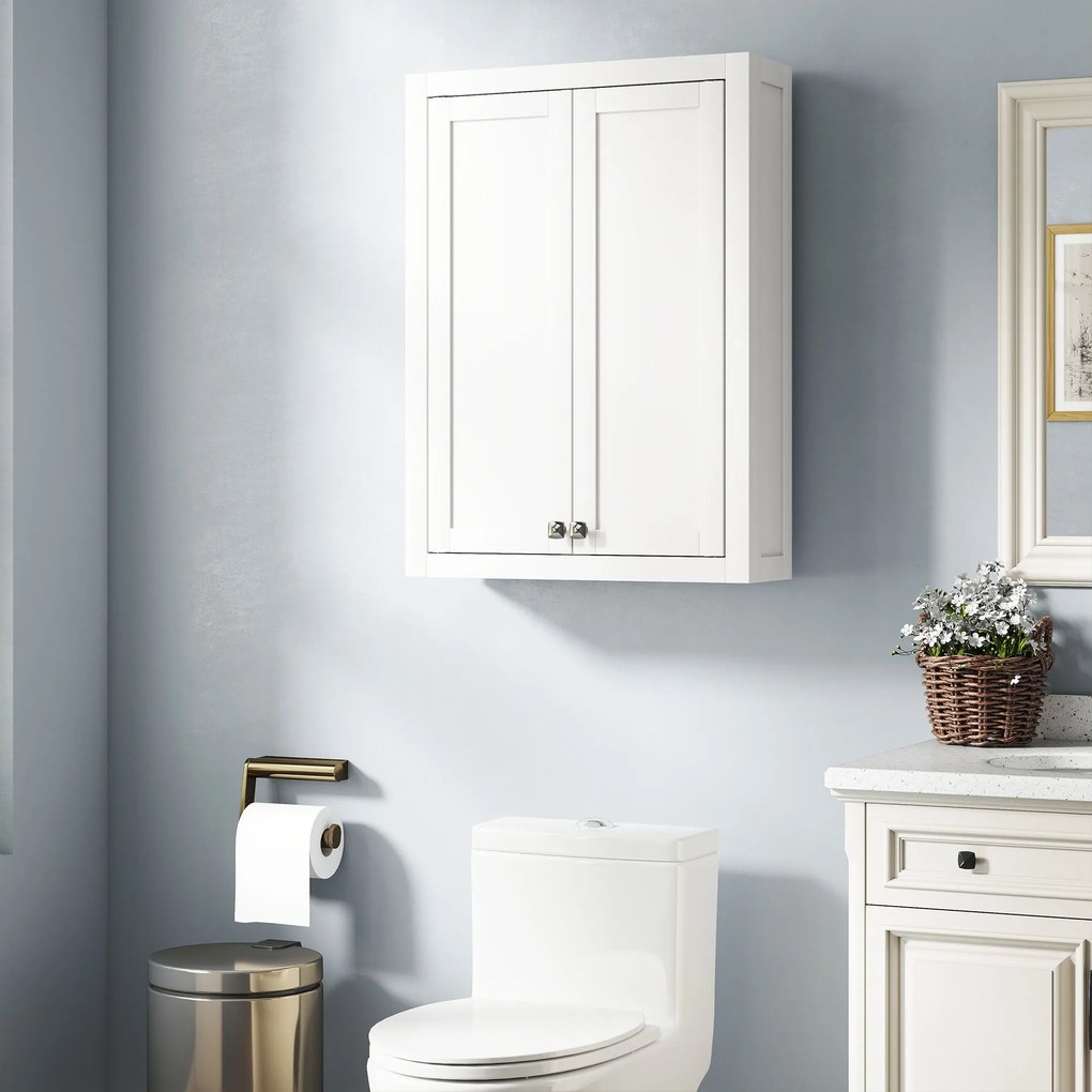 Armário de parede para casa de banho 61 x 20 x 84 cm com 3 níveis, móvel suspenso de arrumação com 2 portas e prateleira ajustável, branco