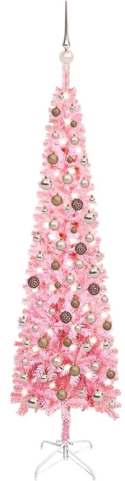 3078067 vidaXL Árvore de Natal fina com luzes LED e bolas 180 cm cor-de-rosa