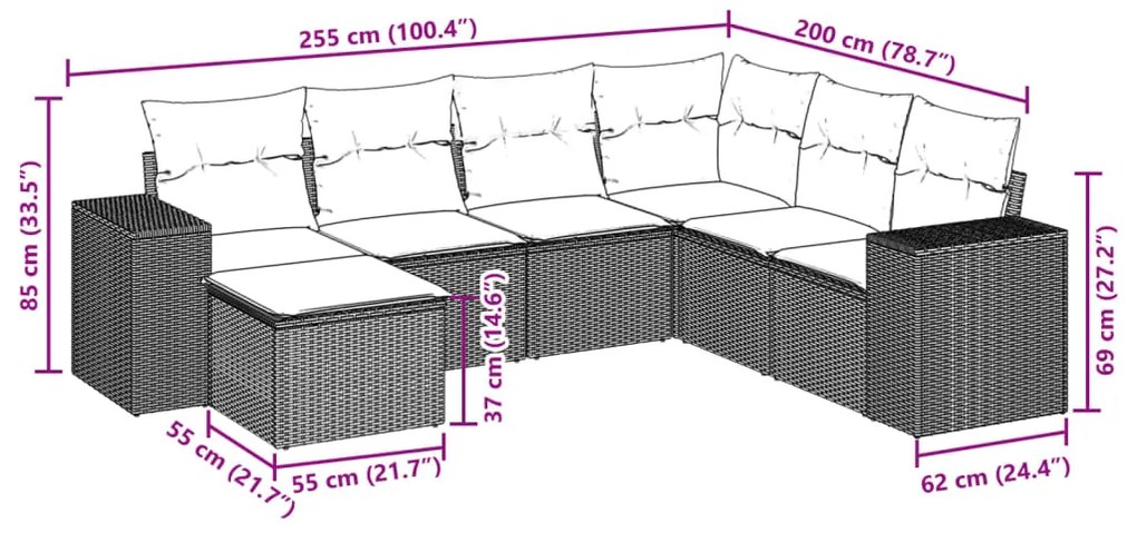 7 pcs conj. sofás jardim com almofadões vime PE cinzento-claro