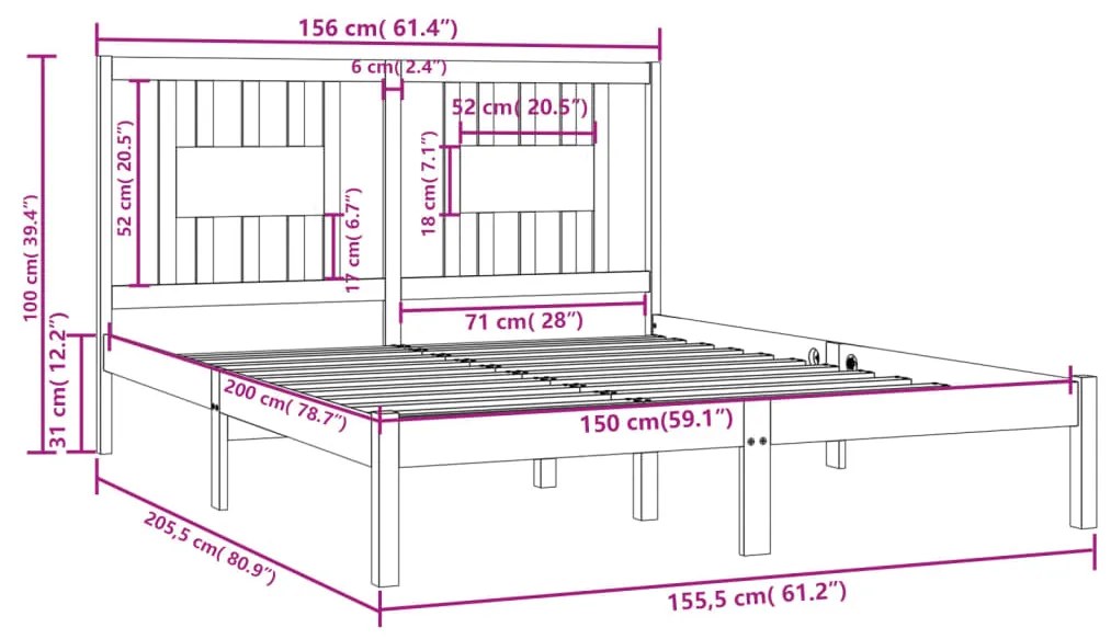 Estrutura de cama king 150x200 cm madeira maciça cinzento