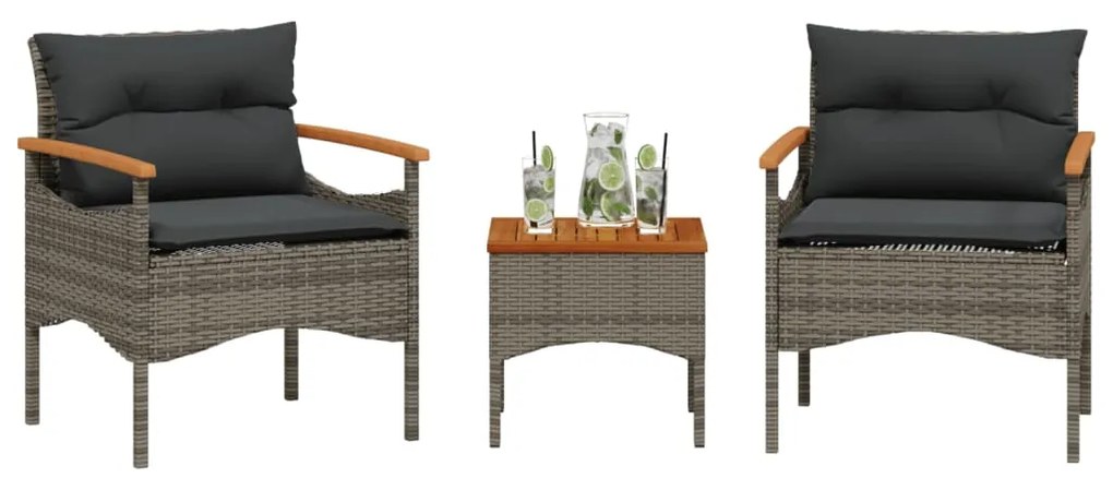 3 pcs conjunto sofás de jardim c/ almofadões vime PE cinzento