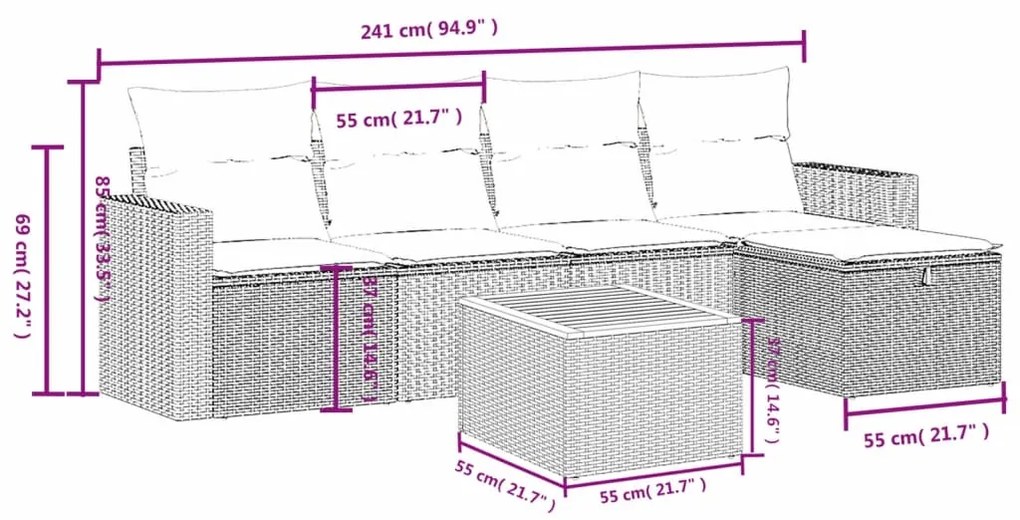 6 pcs conjunto sofás de jardim c/ almofadões vime PE preto