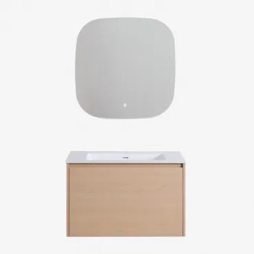 Conjunto De Móvel De Casa De Banho Suspenso Em Madeira Com Lavatório Integrado Jacob Madeira Natural & Quadrado Led E Anti-embaciamento - Sklum