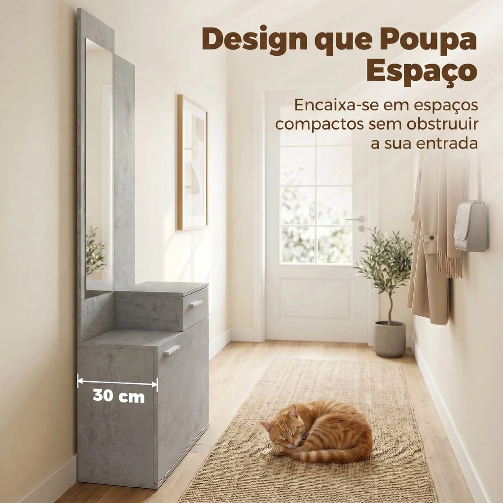 Móvel de Entrada com Espelho Sapateira Basculante Assento Gaveta e Compartimento Aberto 61x30x170 cm Cinza