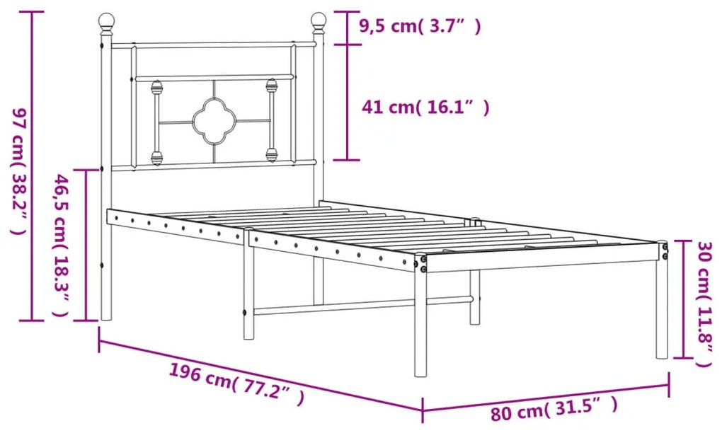 Estrutura de cama metal s/ colchão c/ cabeceira 75x190 cm preto