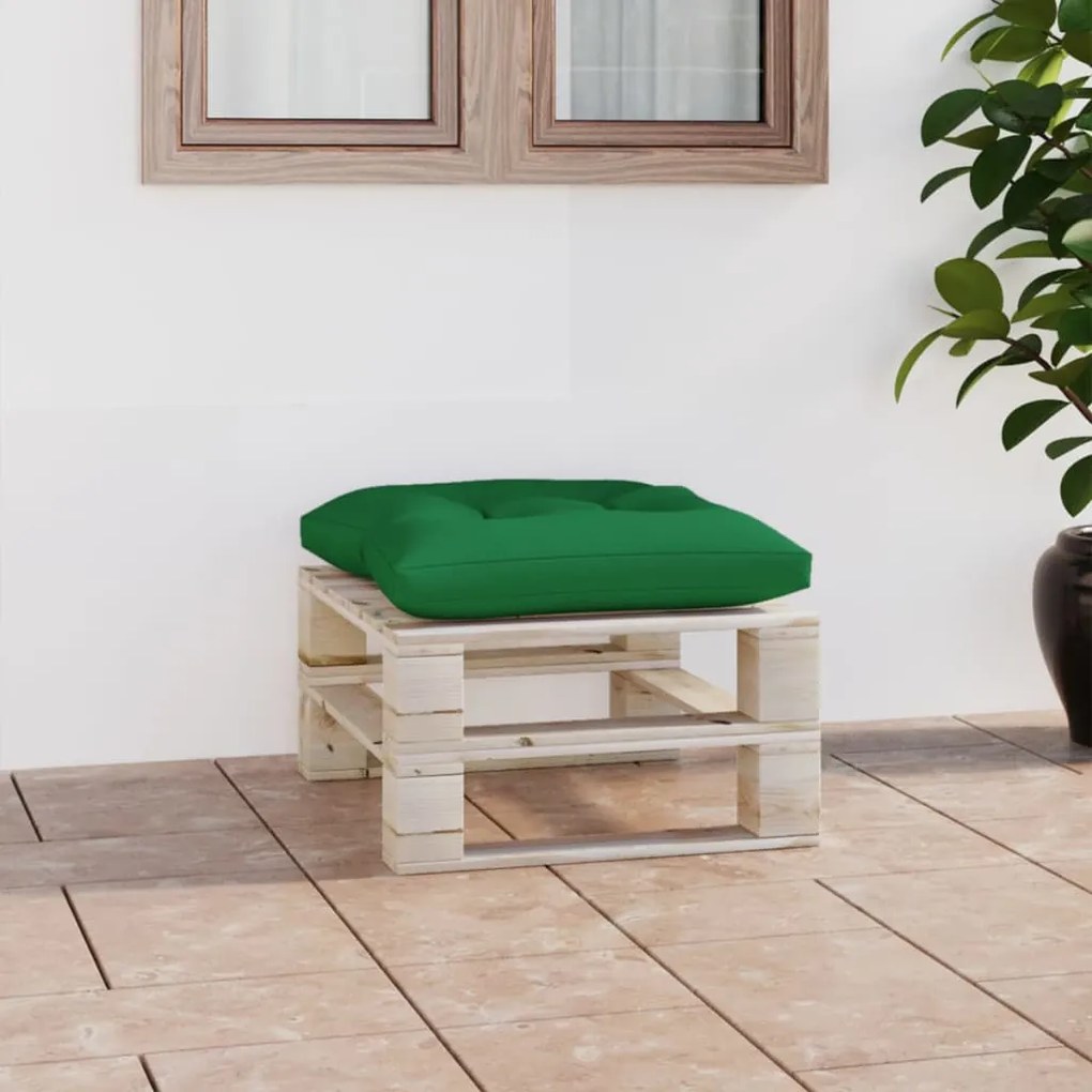 Otomano de paletes para jardim com almofadão verde pinho