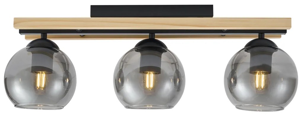Plafon moderno preto com madeira e vidro fumado 3-luzes - Aleks Moderno