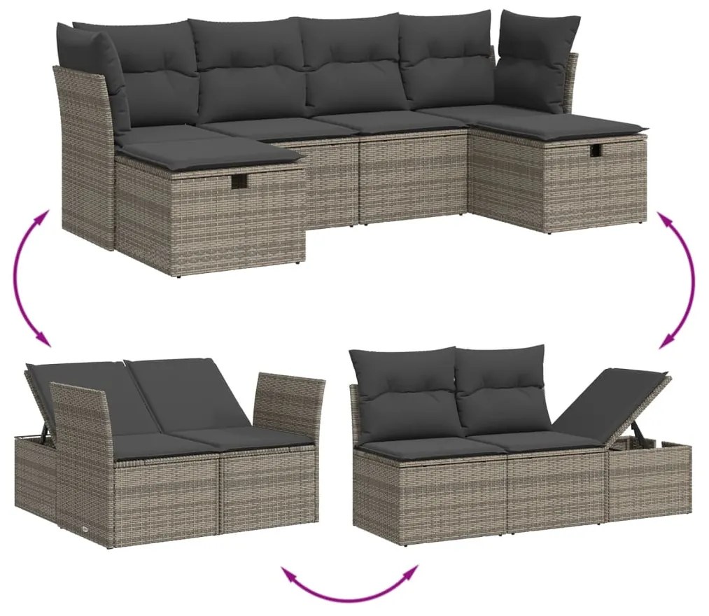 6 pcs conjunto sofás de jardim com almofadões vime cinzento