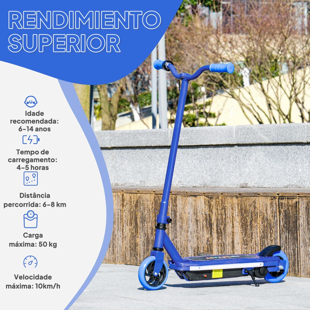 Trotinete Elétrica para Crianças Máx. 10 km/h Motor 80 W Autonomia Máxima 8 km Trotinete com Luzes LED Travão Traseiro 76x46x93 cm Azul