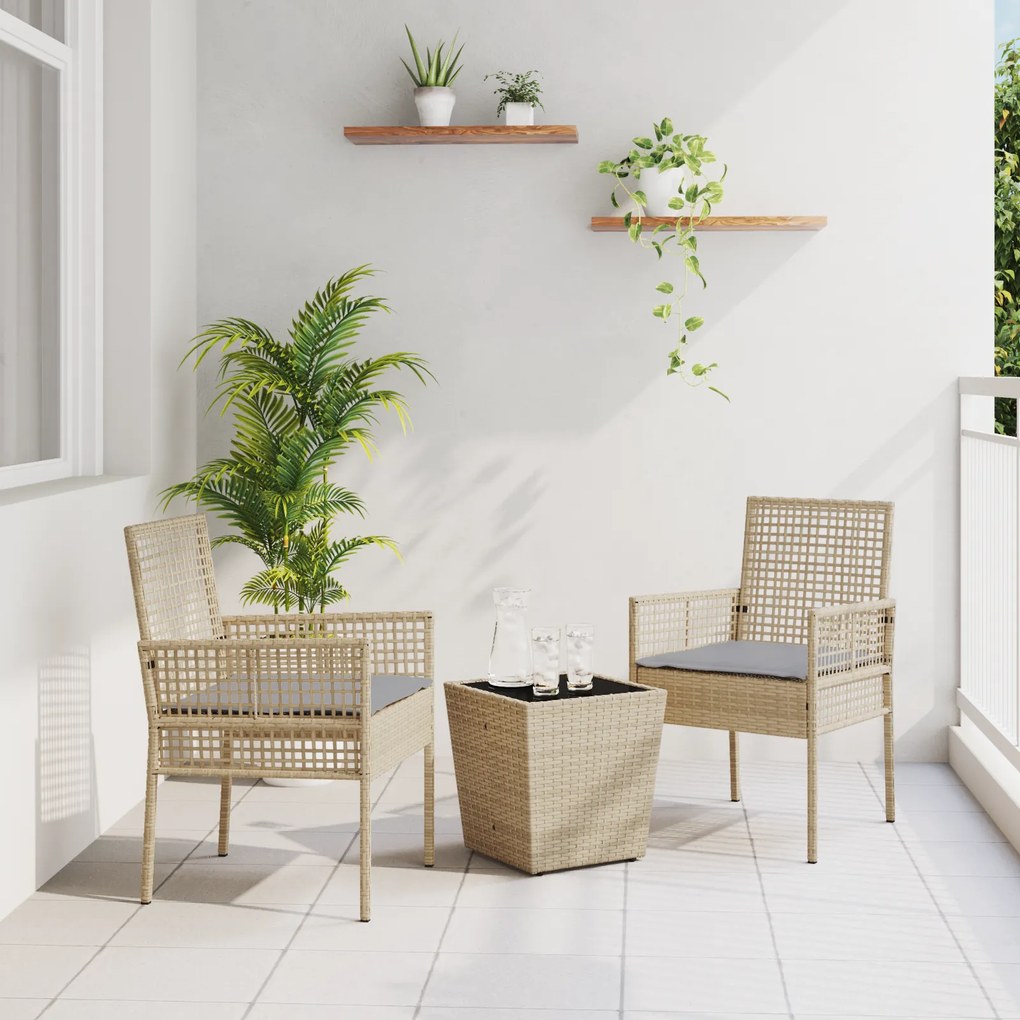 Conjunto de Bistro Jardim 3 Peças com Almofadas Bege em Polyrattan