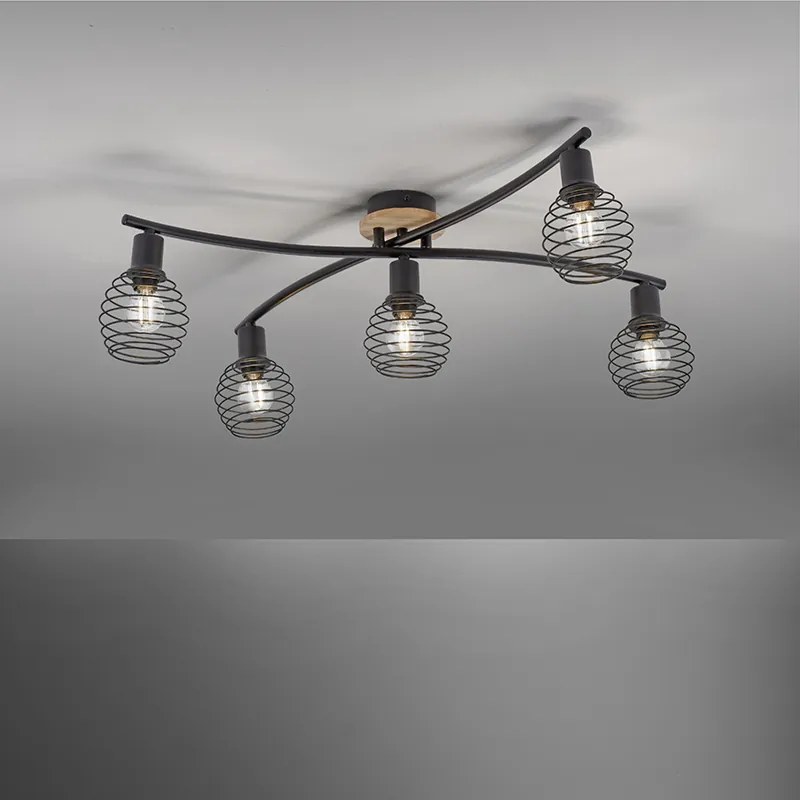 Candeeiro de teto design preto com madeira 5 luzes - Winsten Industrial