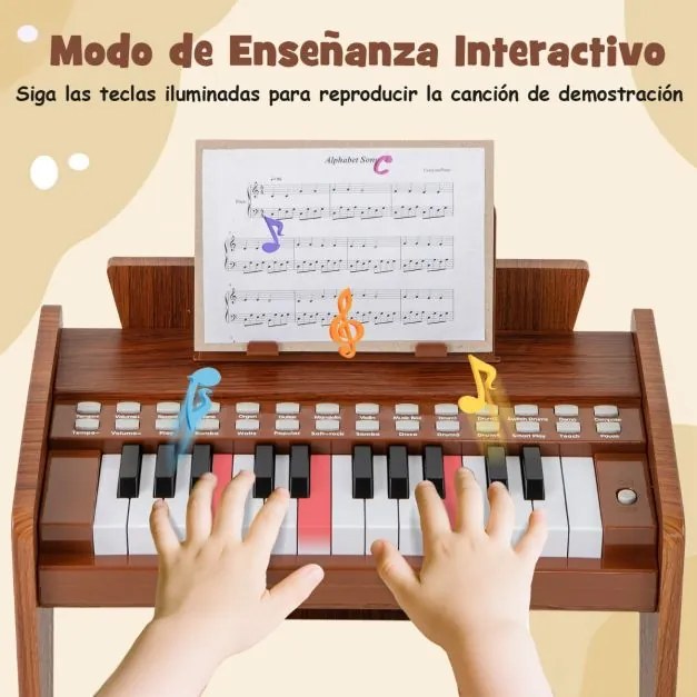 Teclado de piano para crianças 38 x 23 x 27 cm com 25 teclas digital em madeira com velocidade e volume ajustáveis Modo de ensino Castanho