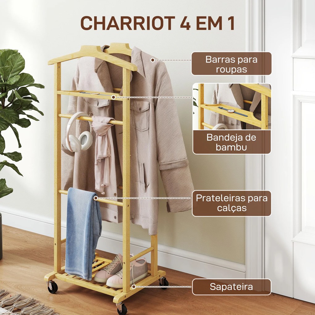 Cabide de Pé de Bambu Cabide com Rodas Suportes para Roupas Barras para Calças Bandeja e Sapateira 47x33,7x105,5 cm Madeira