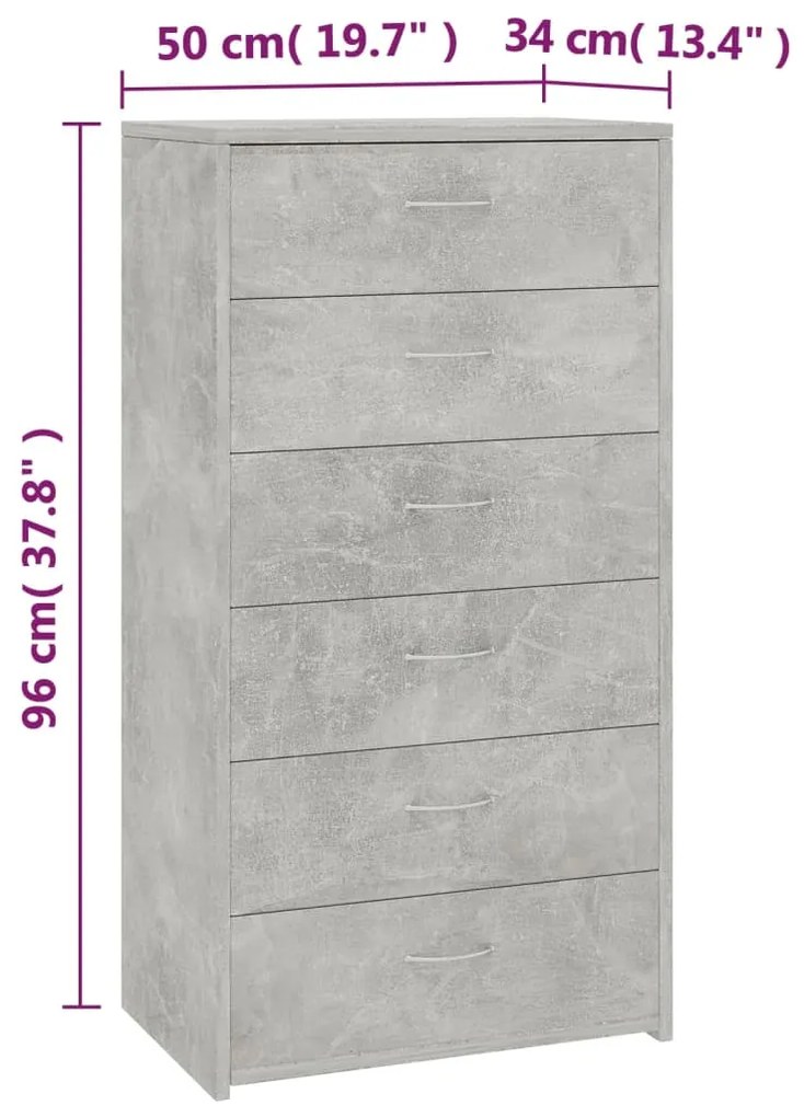 Aparador c/ 6 gavetas 50x34x96cm contraplacado cinzento cimento